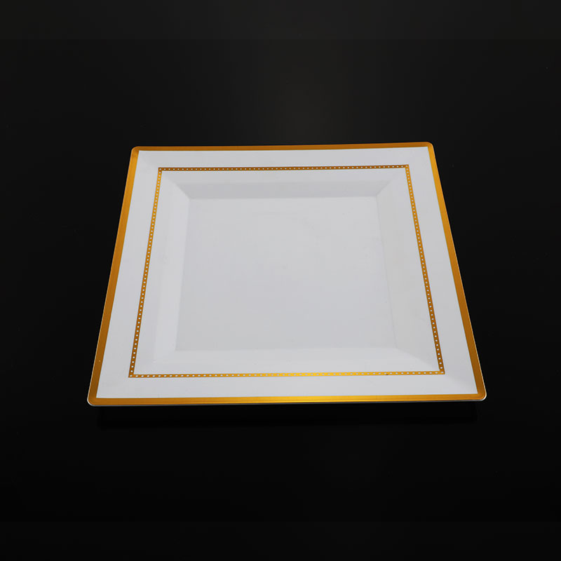 Placa quadrada de plástico com borda metálica brilhante